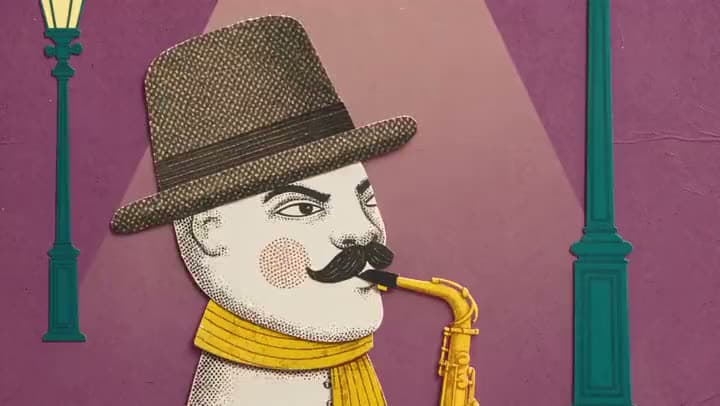 An AI collage animation of a mustached paper cutout man in a fedora and yellow scarf playing saxophone under a streetlight.