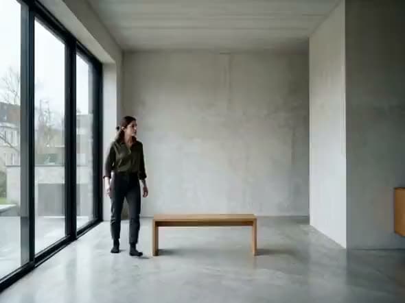 An AI video of a woman in an olive shirt standing by tall windows in a bare concrete room with a single wooden bench.