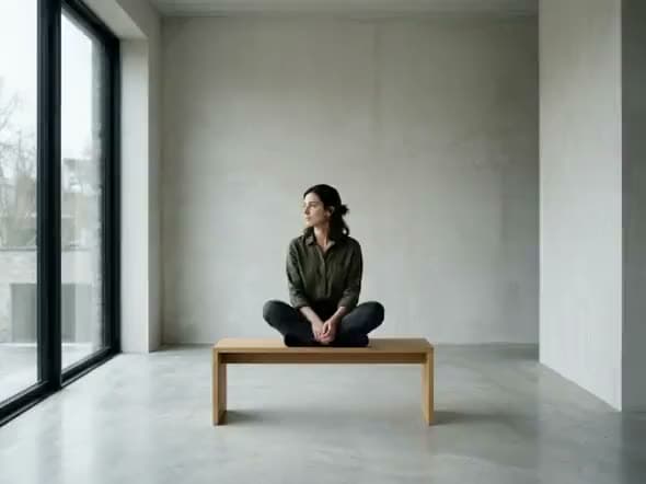 An AI video of a woman sitting cross-legged on a wooden bench in a bare concrete room beside tall windows.