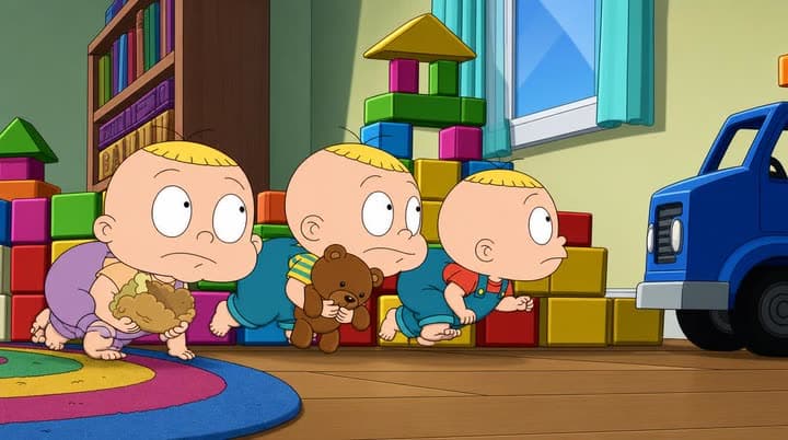 A reference photo of three cartoon babies crawling in a line past toy blocks and a blue toy truck in a playroom.