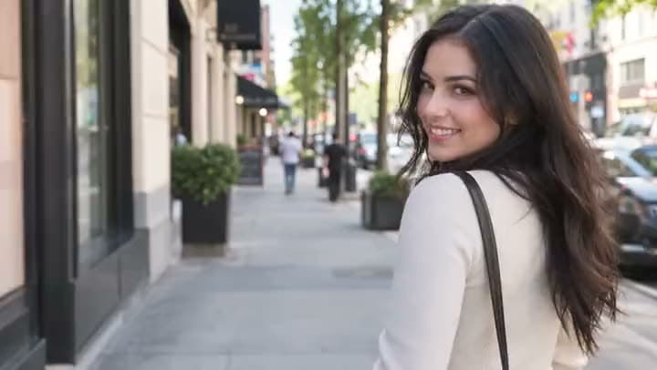 An AI video of a dark-haired woman in a cream top glancing back over her shoulder with a smile on a tree-lined city sidewalk.