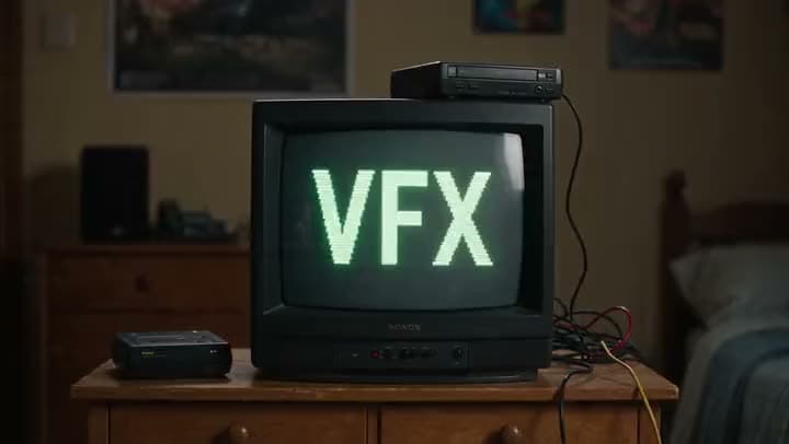 An AI video of an old CRT television on a wooden dresser with "VFX" glowing green on its screen in a dim bedroom.