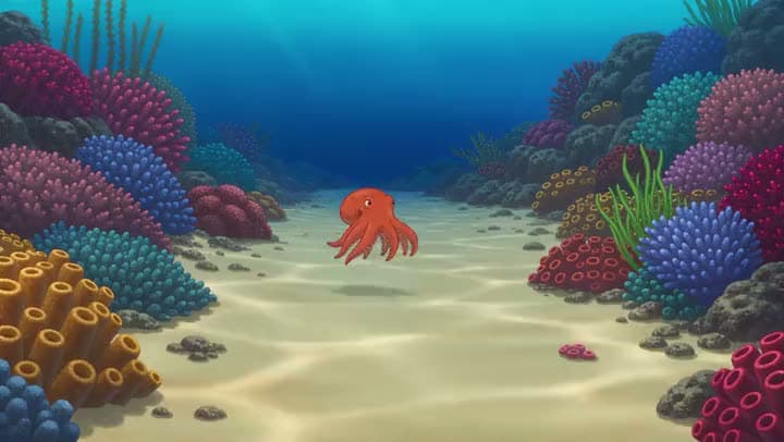 An AI animated clip of a small orange octopus drifting over a sandy seabed between colorful coral reefs.