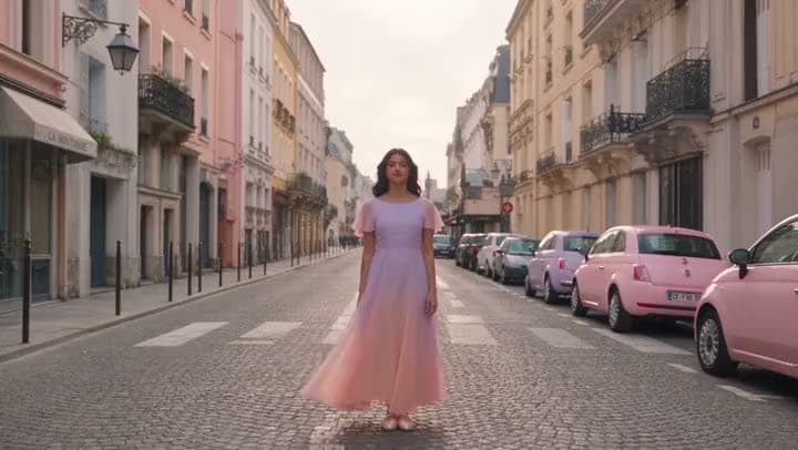 An AI video of a woman in a flowing pink dress standing in the middle of a cobbled Paris street lined with pink cars.