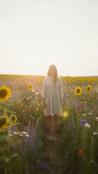 A vertical AI video of a barefoot woman in a linen dress standing in a field of sunflowers and wildflowers under a hazy sky.