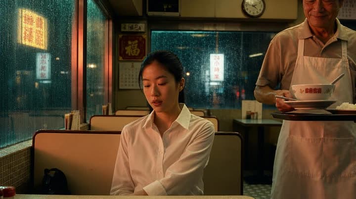 A reference photo of a young woman in a white shirt at a diner booth as an older waiter brings a bowl on a rainy night.