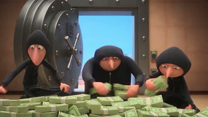 An AI 3D-animated clip of three hooded robbers with long noses grabbing stacks of cash in front of an open bank vault.