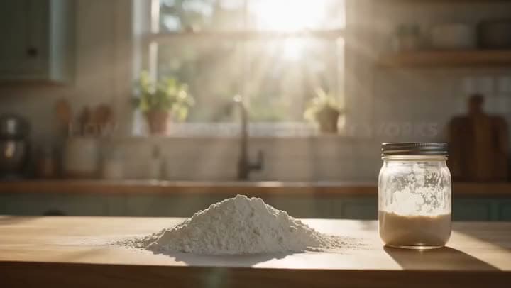 An AI video of a mound of flour and a jar of sourdough starter on a wooden kitchen counter in morning sunlight.