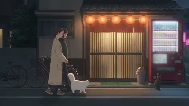 An AI anime clip of a couple walking a white dog at night past a lantern-lit storefront where a cat sits by a vending machine.