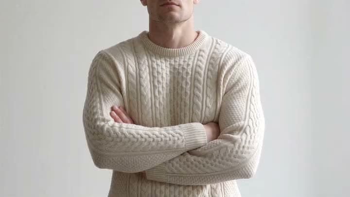 An AI video of a man with his arms crossed in a cream cable-knit sweater against a plain white wall, showing the knit texture.