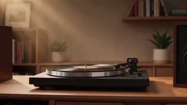 An AI video of a record spinning on a turntable on a wooden cabinet in a warm room with bookshelves and houseplants.
