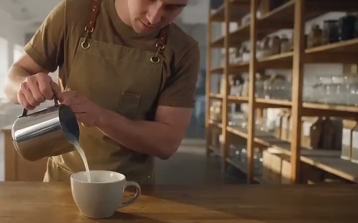 A barista pouring steamed milk into a cup of coffee on a wooden cafe counter.