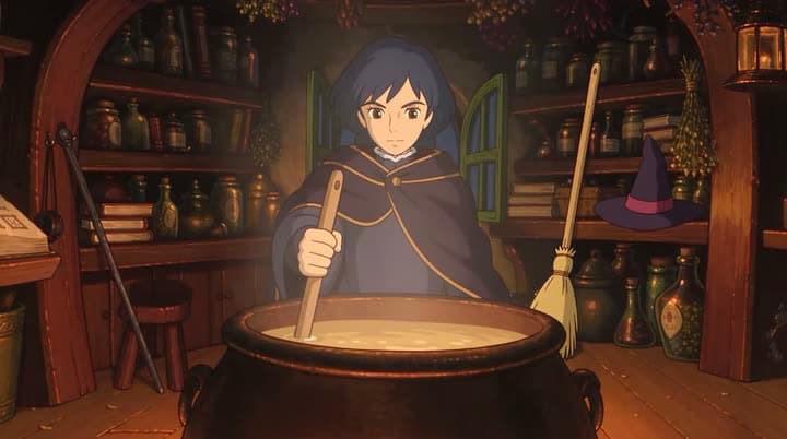 A reference photo of an anime witch stirring a large cauldron in a cottage lined with jars, a broom and a pointed hat.